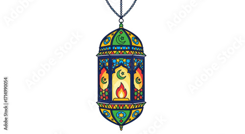 Ornate Ramadan Lantern with Crescent Moon and Candle Design.