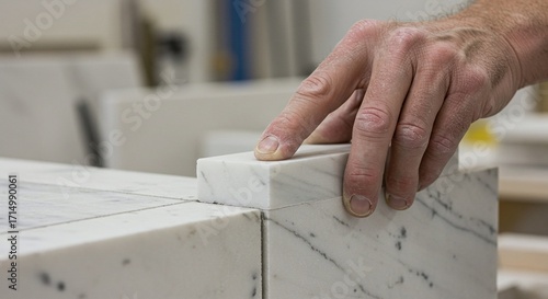 Worker's hands carefully setting a dark, patterned countertop on a kitchen cabinet base.Concept of home renovation and professional countertop installation.