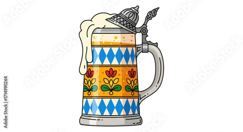 Traditional Bavarian Beer Stein with Frothy Foam and Lid.