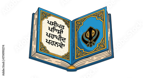 Open Holy Sikh Scripture with Khanda Symbol.