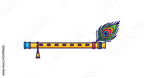 Colorful Cartoon Flute with Attached Peacock Feather.