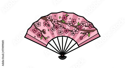 Traditional Japanese Folding Fan with Pink Cherry Blossom Design.