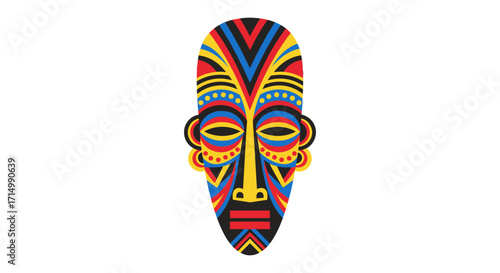 Vibrant African Tribal Mask with Geometric Patterns and Bold Colors.