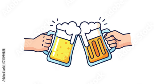 Cartoon Illustration of Two Beer Mugs Clinking Together.
