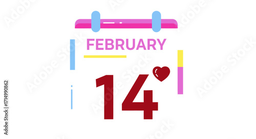 February 14th Calendar Page with Heart Valentines Day Date Reminder.