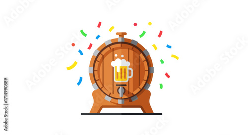 Wooden Beer Barrel with Pouring Beer and Celebration.