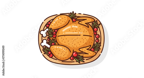 Roasted Turkey on a Wooden Platter with Garnishes.