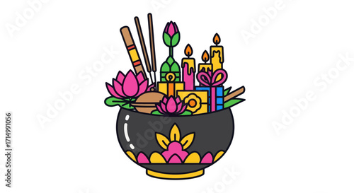 Colorful Traditional Offering Bowl with Lotus Flowers Candles and Incense Sticks.