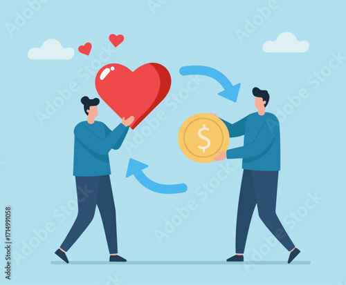 A symbolic exchange of love and money, highlighting emotional value, reciprocity, and the balance between heart and wealth.