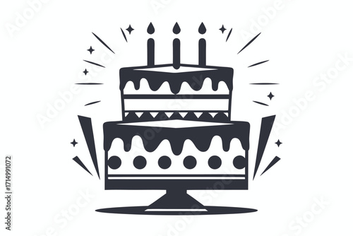 Delicious two tiered cake featuring dripping frosting and burning candles shines brightly on its stand