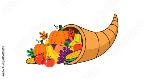 Abundant Cornucopia Overflowing with Autumn Harvest Fruits and Vegetables.