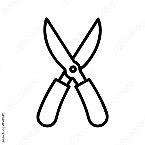 Minimalist black outline vector icon of garden scissors, symbolizing gardening, pruning, and landscaping tools, isolated on a transparent background