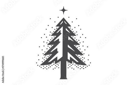 Gray fir tree silhouette adorned by a sparkling star and snow gently falling