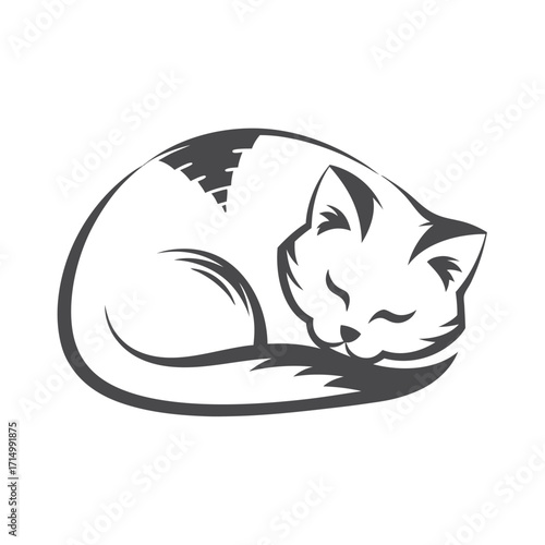 Gray shaded cat curled up tightly with closed eyes in a sleeping pose