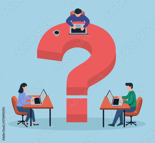 Collaborative problem-solving around a central question, blending curiosity, focus, and digital teamwork in a minimalist workspace.