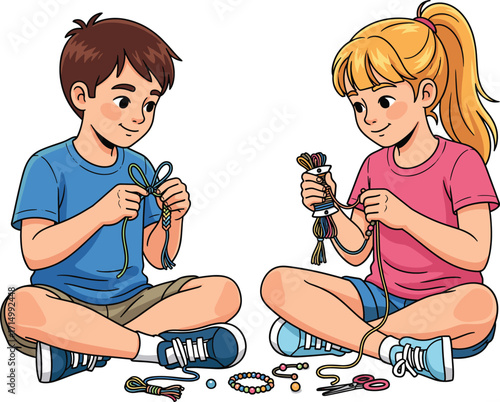 Happy kids making friendship bracelets, children crafting with colorful strings, cartoon illustration, creative DIY activity, fun indoor playtime