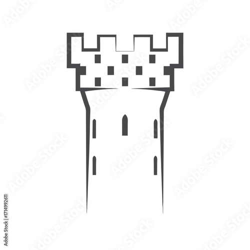 Isolated dark grey castle tower with crenellations and windows stands against white background