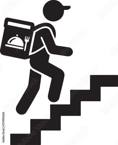 Food Delivery Worker Climbing Stairs with Bag Silhouette Vector Illustration for Urban Gig Economy Service Concept