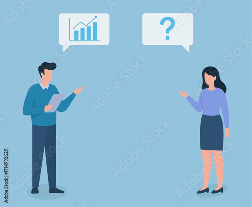 Business dialogue illustration showing data analysis and inquiry between two professionals in a clean, minimal style.