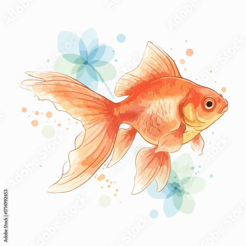 Elegant Goldfish with flowing fins and stylized watercolor floral decorations artwork