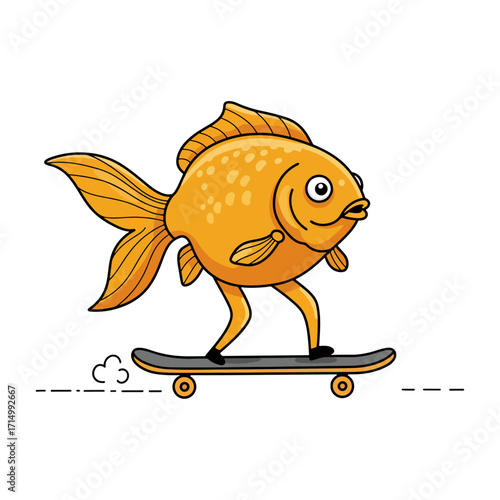 Funny Goldfish Cartoon Character Riding a Skateboard in Simple Vector Style