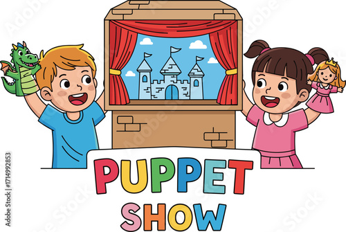 Children performing puppet show with hand puppets, kids playing theater, cartoon illustration, creative pretend play, fun childhood activity