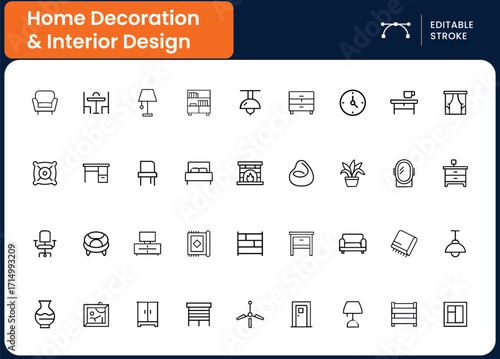Set of Home Decoration and Interior Design Related Line Icons. Outline Symbol Collection, Editable Stroke
