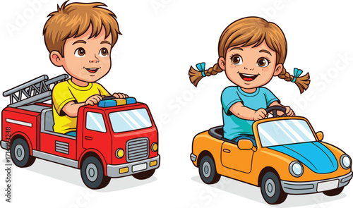Happy kids playing with toy cars, boy driving fire truck, girl in sports car, cartoon illustration, children's pretend play, fun indoor activity