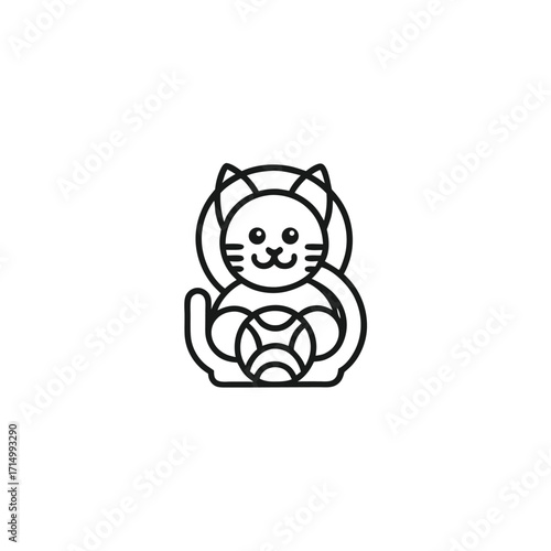 Line drawing shows a cat hugging a ball forming a cohesive circular shape