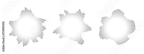 Radial dotted wave in black. Modern circular audio equalizer for music, sound spectrum, or digital interface design. Vector background.