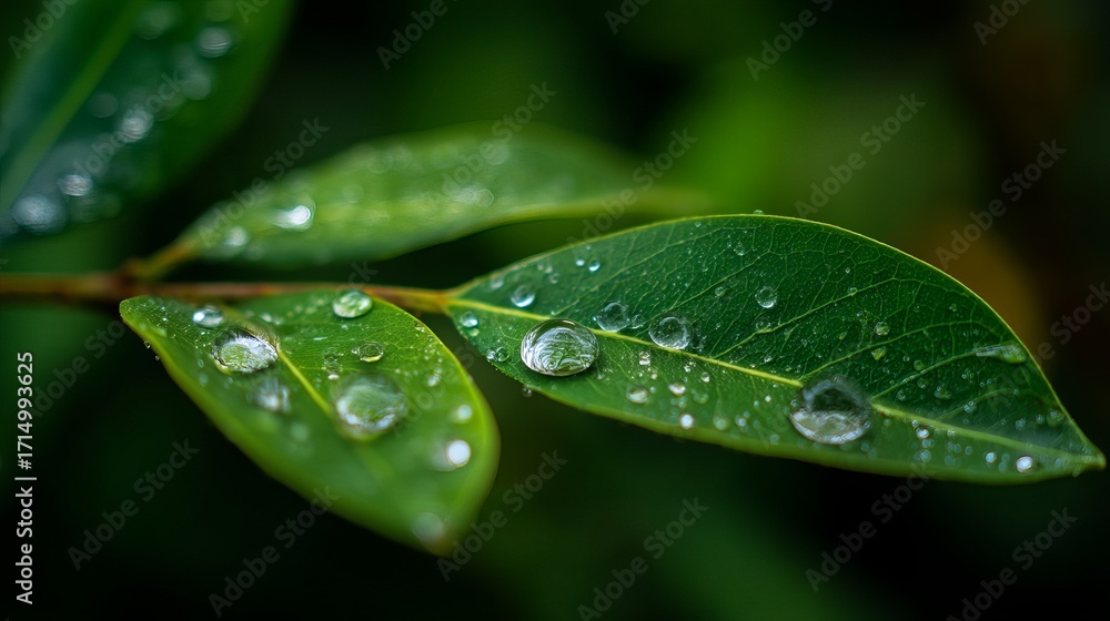 Fototapeta premium Close-up of green leaves adorned with fresh rain droplets, creating a serene atmosphere.