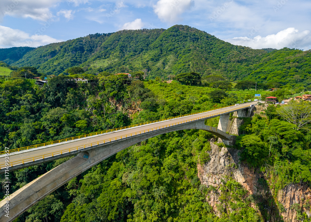 Fototapeta premium Vista aérea de puente de arco de concreto cruzando cañón verde y montañas en la carretera a San Sebastián del Oeste
