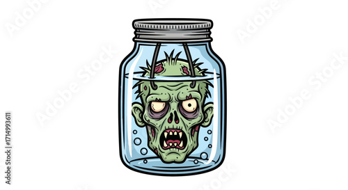 Spooky green zombie head preserved in a glass jar with water.