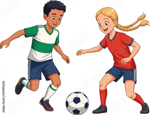 Children playing soccer together, cartoon illustration, black and white ball, outdoor fun, teamwork activity, happy kids, physical movement, childhood sports excitement