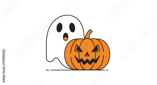 Spooky Ghost and Jack-o-lantern Halloween Illustration.