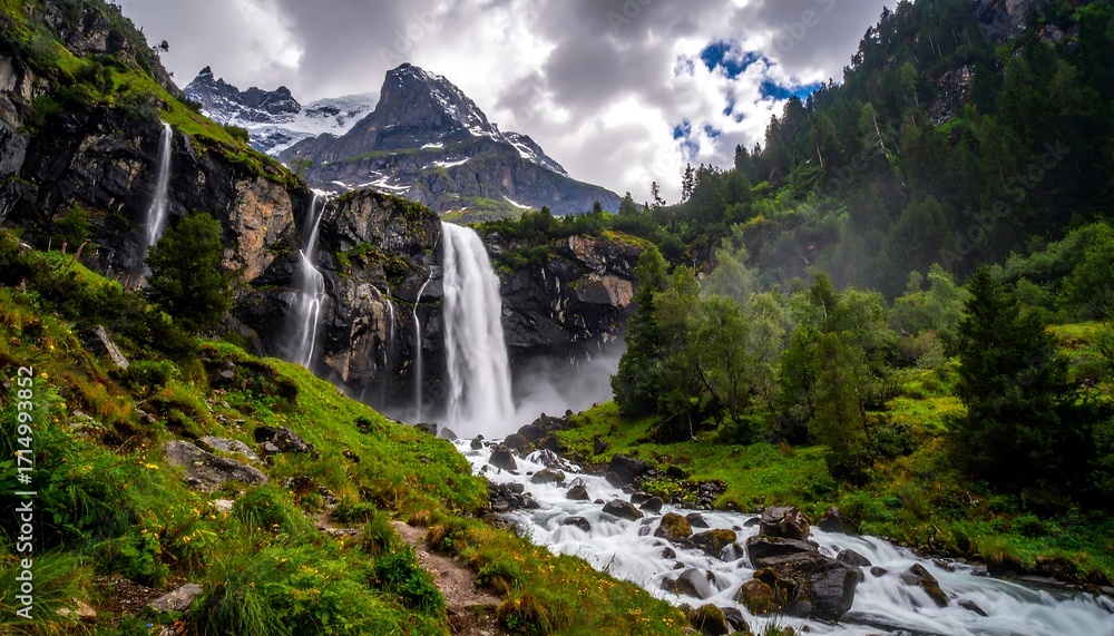 Obraz premium Majestic waterfalls cascade down rocky mountain slopes, framed by lush green foliage and snow-capped peaks, creating a serene and awe-inspiring mountain landscape.