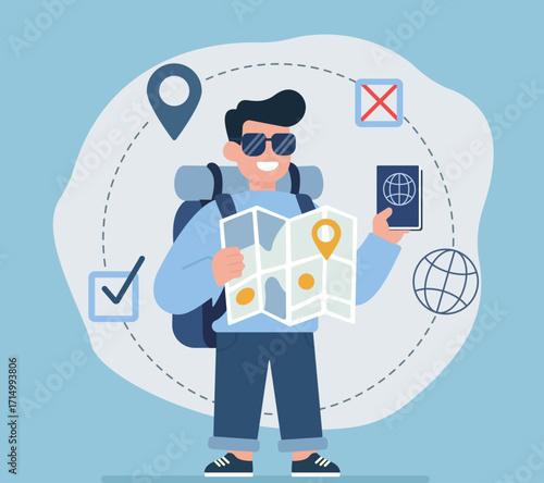 A playful traveler navigates with map and phone, surrounded by icons symbolizing exploration, choices, and global adventure.