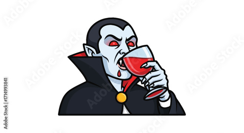 Cartoon Vampire Drinking Red Liquid from Glass.