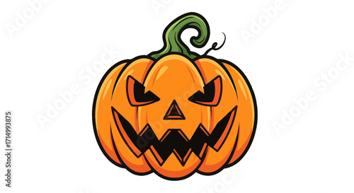 Cartoon Jack-o-lantern with a menacing carved face and curly green stem.