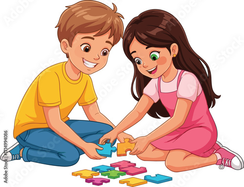 Children assembling colorful puzzle, cartoon illustration, cooperative play, happy kids, indoor activity, problem solving, learning moment, playful teamwork, childhood development