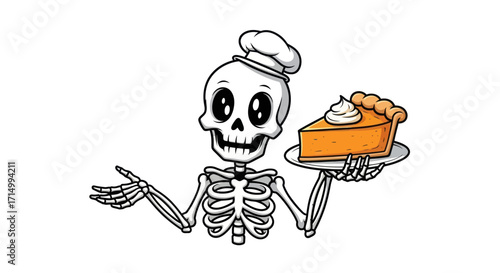 Cartoon Skeleton Chef Presenting Pumpkin Pie Slice.