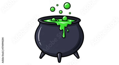 Cartoon Cauldron with Bubbling Green Potion Halloween Illustration.