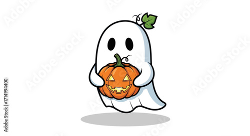 Cute Cartoon Ghost Holding a Carved Halloween Pumpkin with a Leaf.