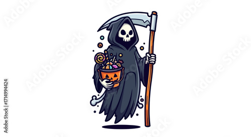 Cartoon Grim Reaper with Candy Basket and Scythe.