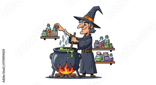 Cartoon Witch Stirring Cauldron with Magic Potion and Ingredients.