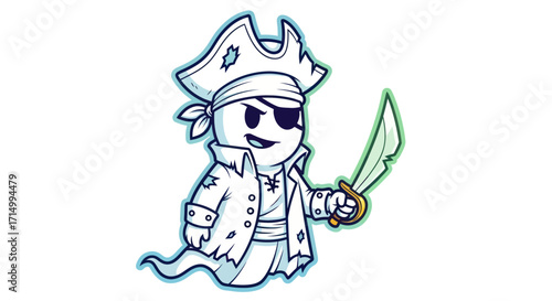 Cartoon Ghost Pirate with Eye Patch and Sword.