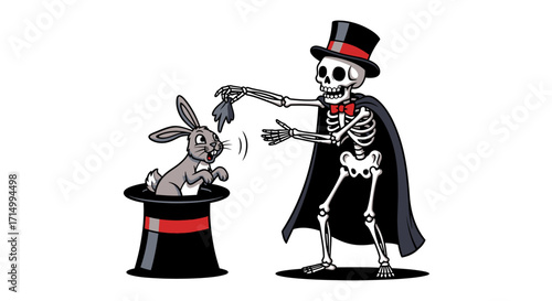 Cartoon Skeleton Magician Pulling Rabbit from Top Hat Trick.