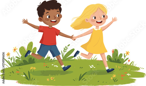Children running hand-in-hand, cartoon illustration, grassy field, happy kids, outdoor fun, flower meadow, joyful moment, playful energy, childhood excitement