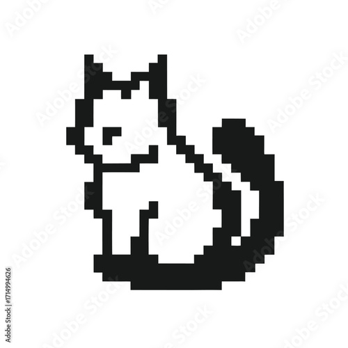 Minimalist pixel art depicts a white and black sitting cat with its tail curled around