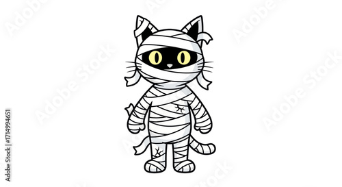 Cartoon Mummy Cat Illustration with Yellow Eyes for Halloween.